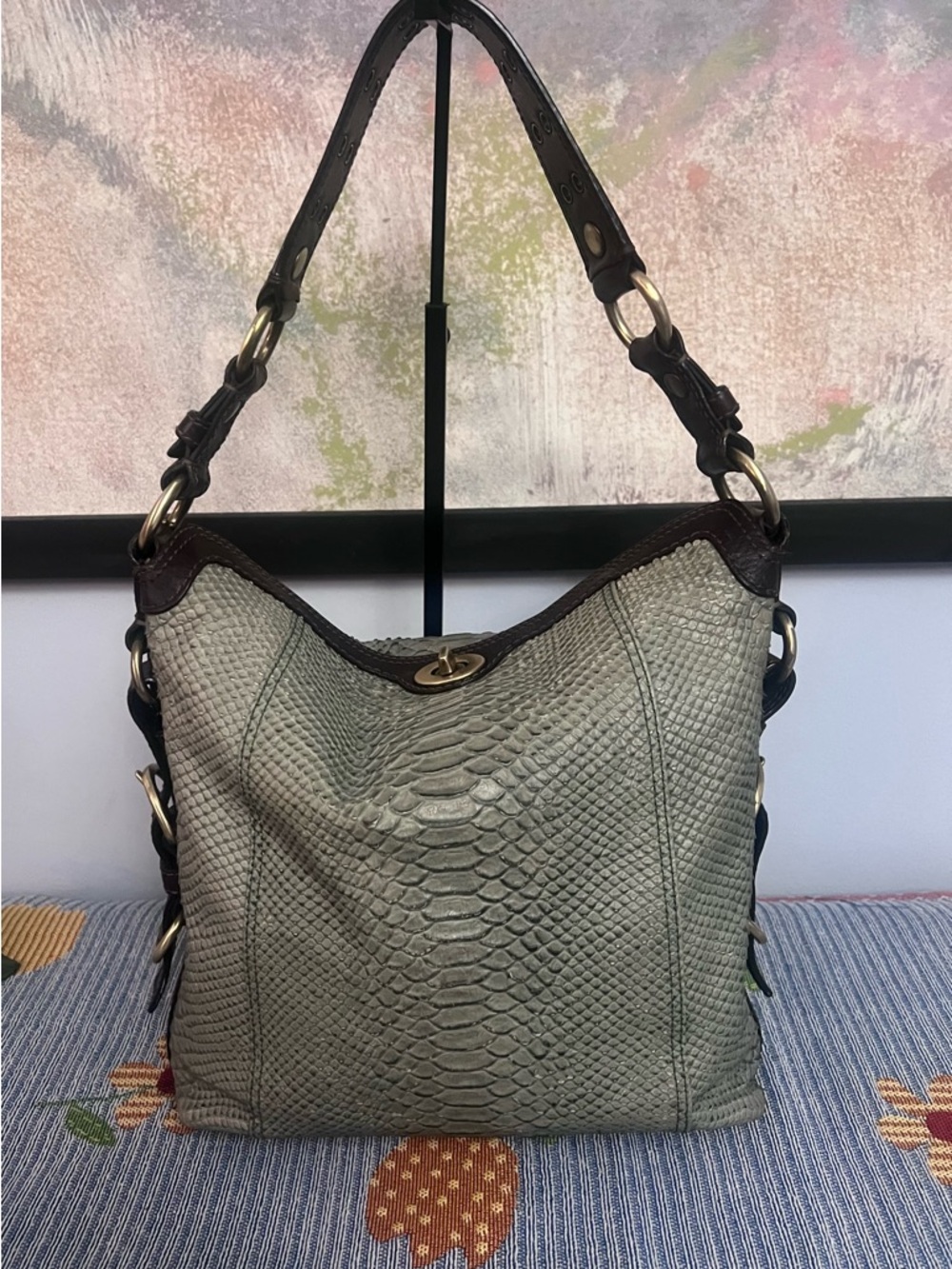 Coach Chelsea Turnlock Light Green Snakeskin Leather Hobo 2007/Y2K - Picture 3 of 14
